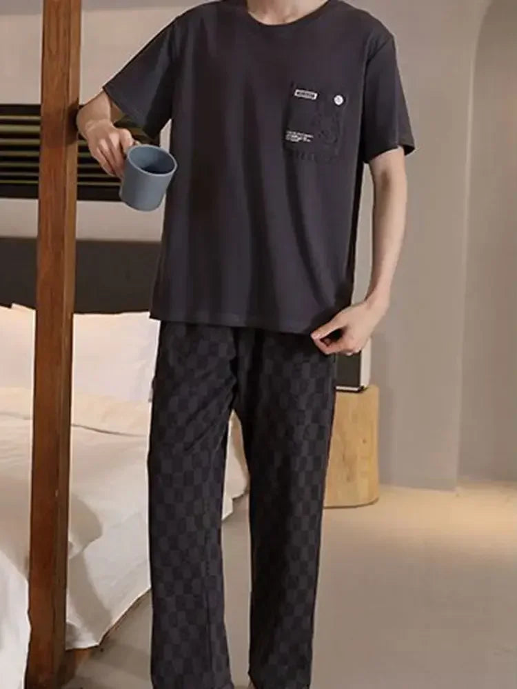 SUKAE Mens Plus Size L-5XL Homewear Summer Cotton Short Sleeve Full Pants Pajamas Set for Man Leisure Sleepwear Trendy Nightwear