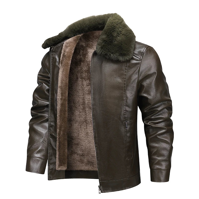 Winter Men Fleece Motor Biker Leather Jacket Man Lapel Thick Outwear Leather Coat Man Vintage Formal Fashion Leather Windbreaker