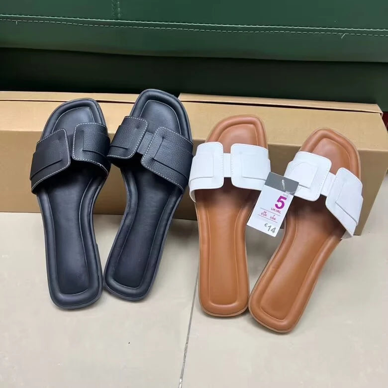 Causal Flat Woman's Slippers Peep Toe Outside Street Female Beach Shoes 2025 Summer Soft Leather Brand Design Ladies Slides