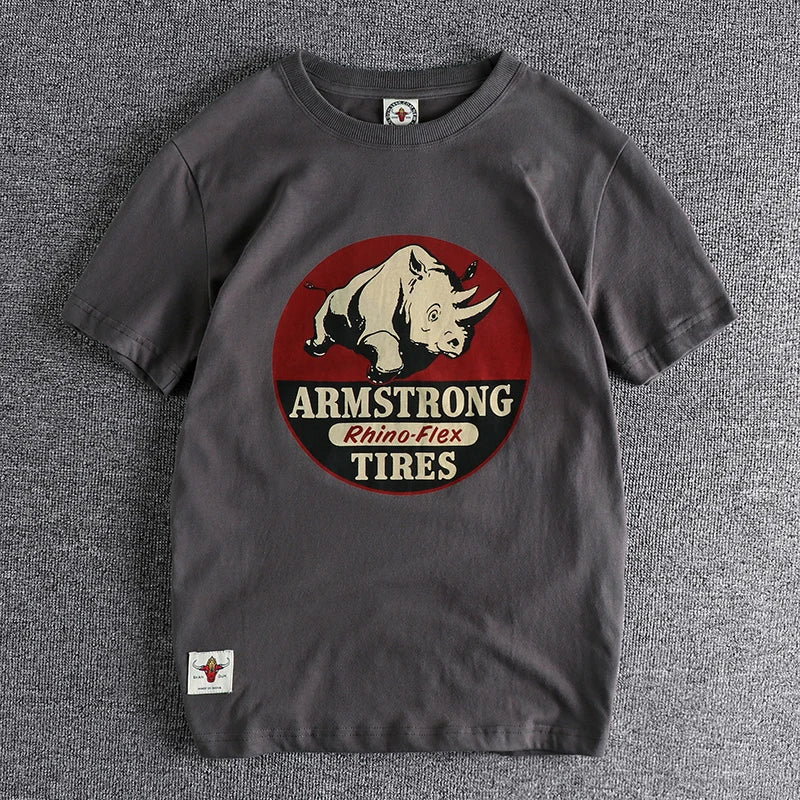 Summer new wash matte comfortable short sleeve t-shirt men's rhinoceros Vintage Print versatile youth fashion casual half sleeve