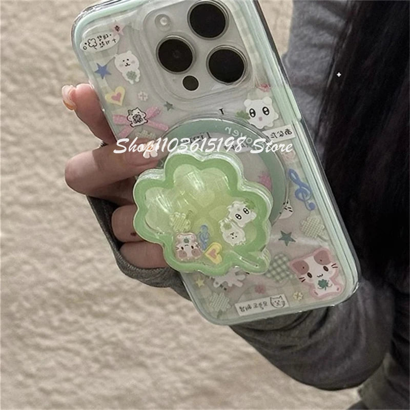 Korea Cute Quicksand Lucky Clover Magnetic Holder Grip Tok Griptok Phone Holder Phone Stand Support For iPhone Magsafe Smart Tok