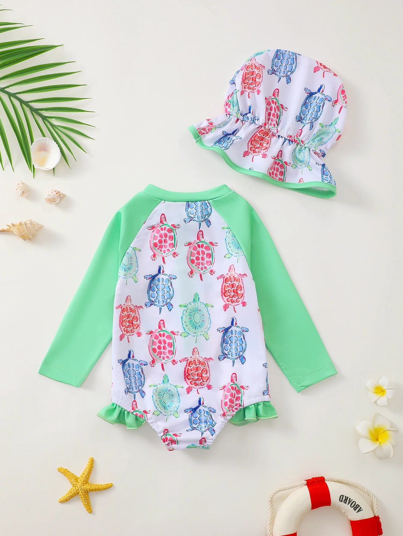 Baby Girl Turtle Print Long Sleeve Onesie Swimsuit with Wood Grain Ruffle Hat Matching Ensemble for Infants And Toddlers