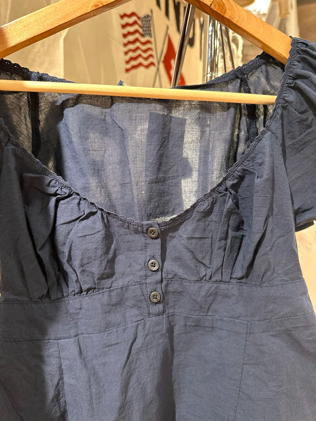 Lace Trim Embroidery Navy T-shirt Women Three Buttons Folds Square Collar Puff Sleeve T-shirt Summer Sweet Casual Vintage Blouse