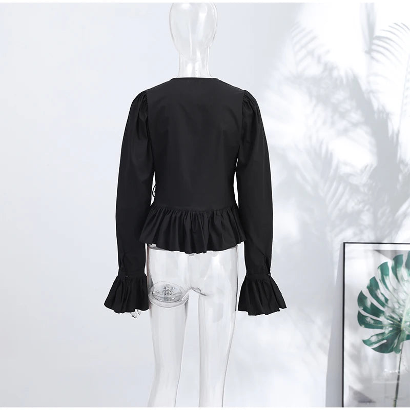 Elegant Chic Ruffle Hem Women's Shirt Flare Sleeve Single Breasted Drawstring Pleat Cropped Shirts 2026 Spring Summer Lady Top