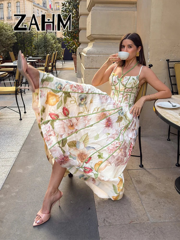 Elegant Printed Women's Dress Sleeveless Halter Waist-Closed A-Line Lady Dresses 2026 Spring Summer Female Robe New