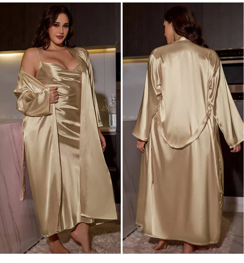 Plus Size 3XL 4XL 5XL Nighty&Robe Set Sexy Bride Long Wedding Bathrobe Dress Spring Summer New Sleepwear Loose Satin Home Wear