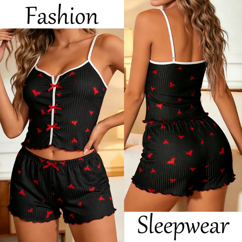 Women's Summer Spaghetti Strap Top and Shorts Pajama Sets Ladies Cherry Heart Print Sleepwear Cute Bowknot Sexy Loungewear S-XL