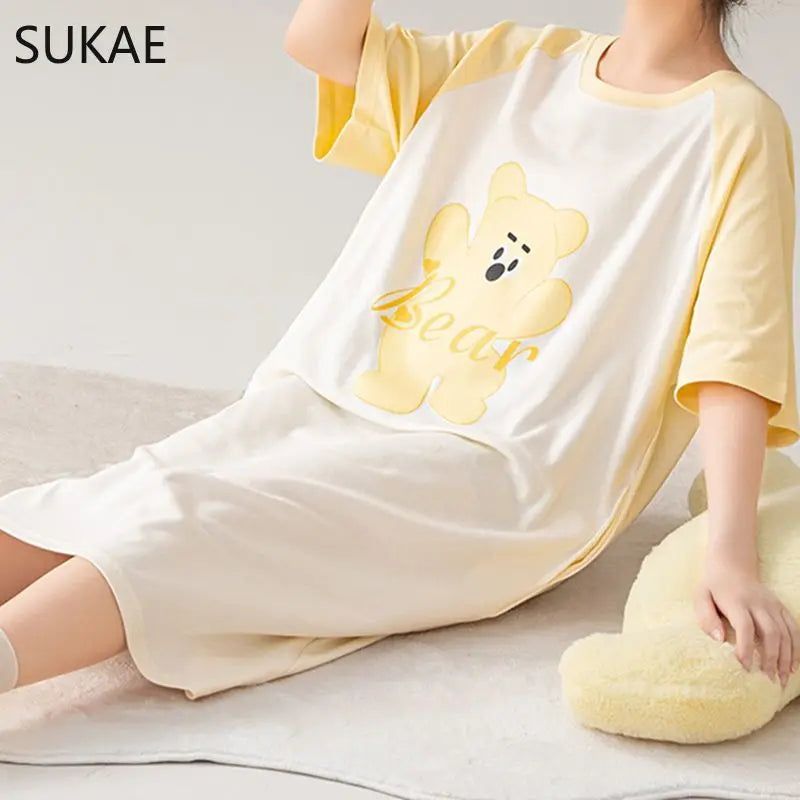 100% COTTON! SUKAE Summer New Women Lovely Sleepshirt Fashion Nightgowns Leisure Dress Casual Nightdress Short Sleeves Nightgown