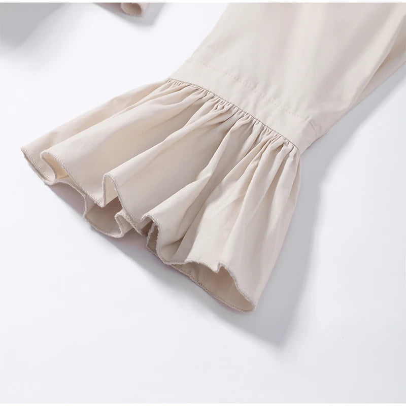 Elegant Chic Ruffle Hem Women's Shirt Flare Sleeve Single Breasted Drawstring Pleat Cropped Shirts 2026 Spring Summer Lady Top