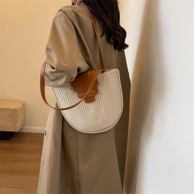 Large Capacity Beach Shopping Bag Luxury Design Woven Shoulder Bag Women Handmade Cotton Thread Woven Handbag Summer Travel Bag