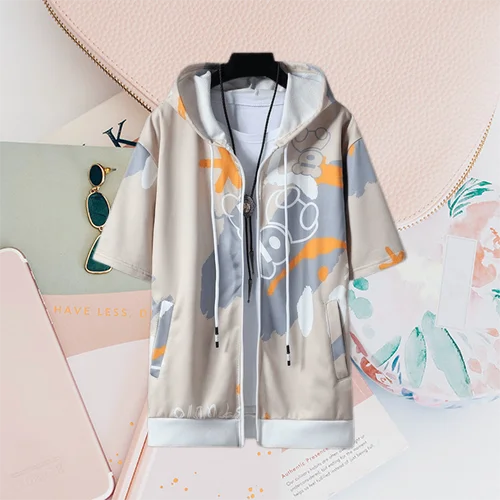 2023 Men's Summer Fashion Cartoon Print Short Sleeve Zipper Sweatshirts Youth Man Y2K Streetwear Casual Pockets Hoodies Jackets