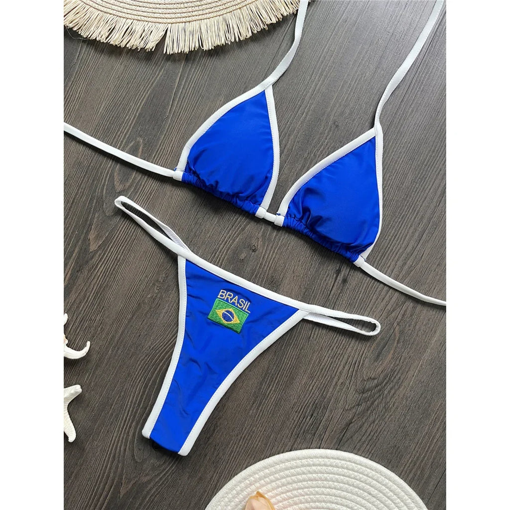 Women's Brazilian Flag Bikini Set - Two-Piece G-String Thong Swimwear, Sexy Female Bather Swimsuit for Beach Vacation, Pool Part