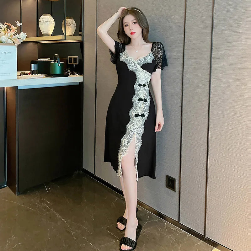 Sexy Summer Sleepwear Womens Lace Silk Satin Night Dress Short Sleeve Homewear V-Neck Split Hem Soft Loungewear Female Clothes