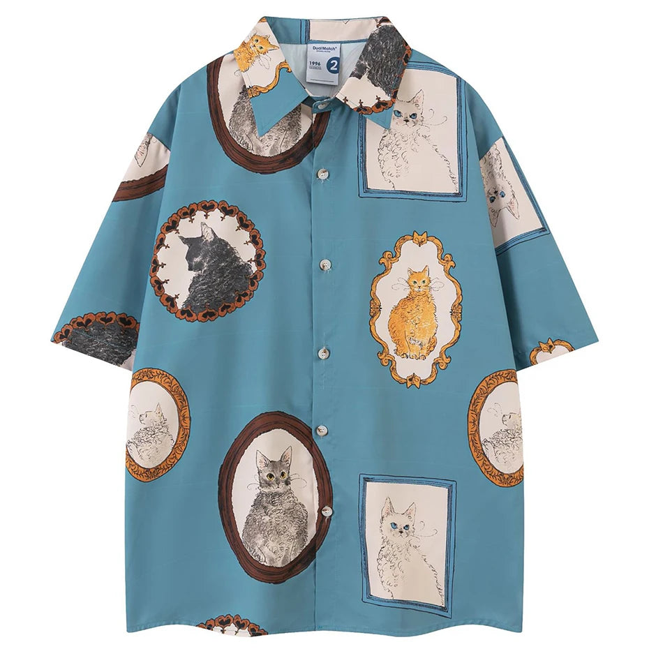 Cat Graphic Shirts Men's 2026 Summer Loose Short Sleeve Shirts Button Up Blouse Oversized Streetwear Fashion Shirts Man