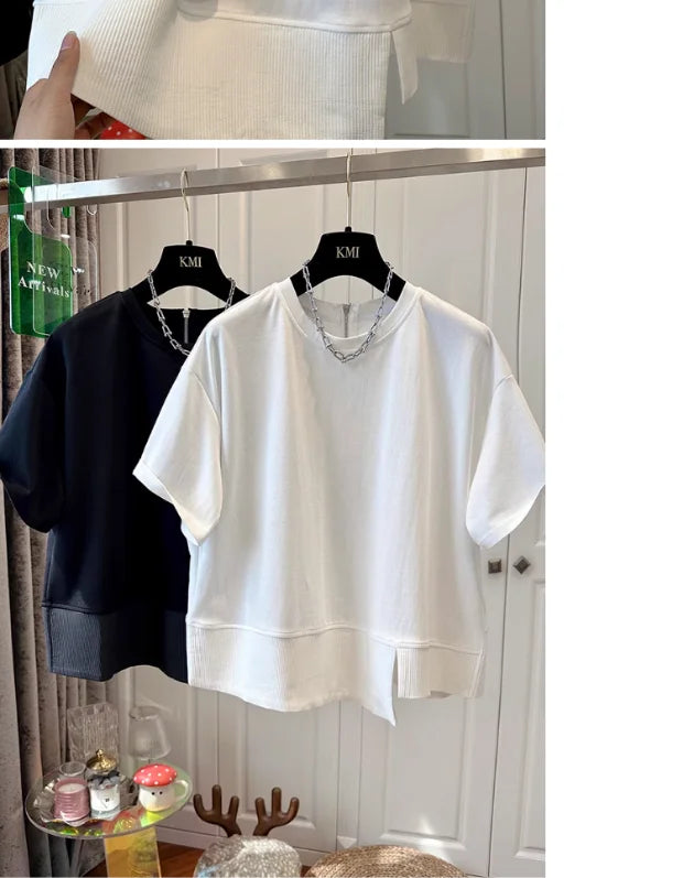 Summer New Loose Unique round Ne f Sve T-irt Women's ort Sve Patchwork Top Comfortable Breathable Retro Sle