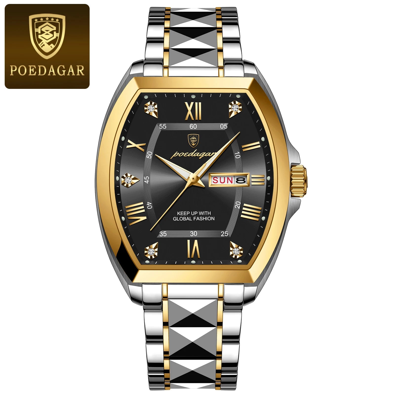 POEDAGAR Luxury Tonneau Men Watch Luminous Waterproof Date Week Man Watch Stainless Steel Fashion Original Men's Quartz Watches