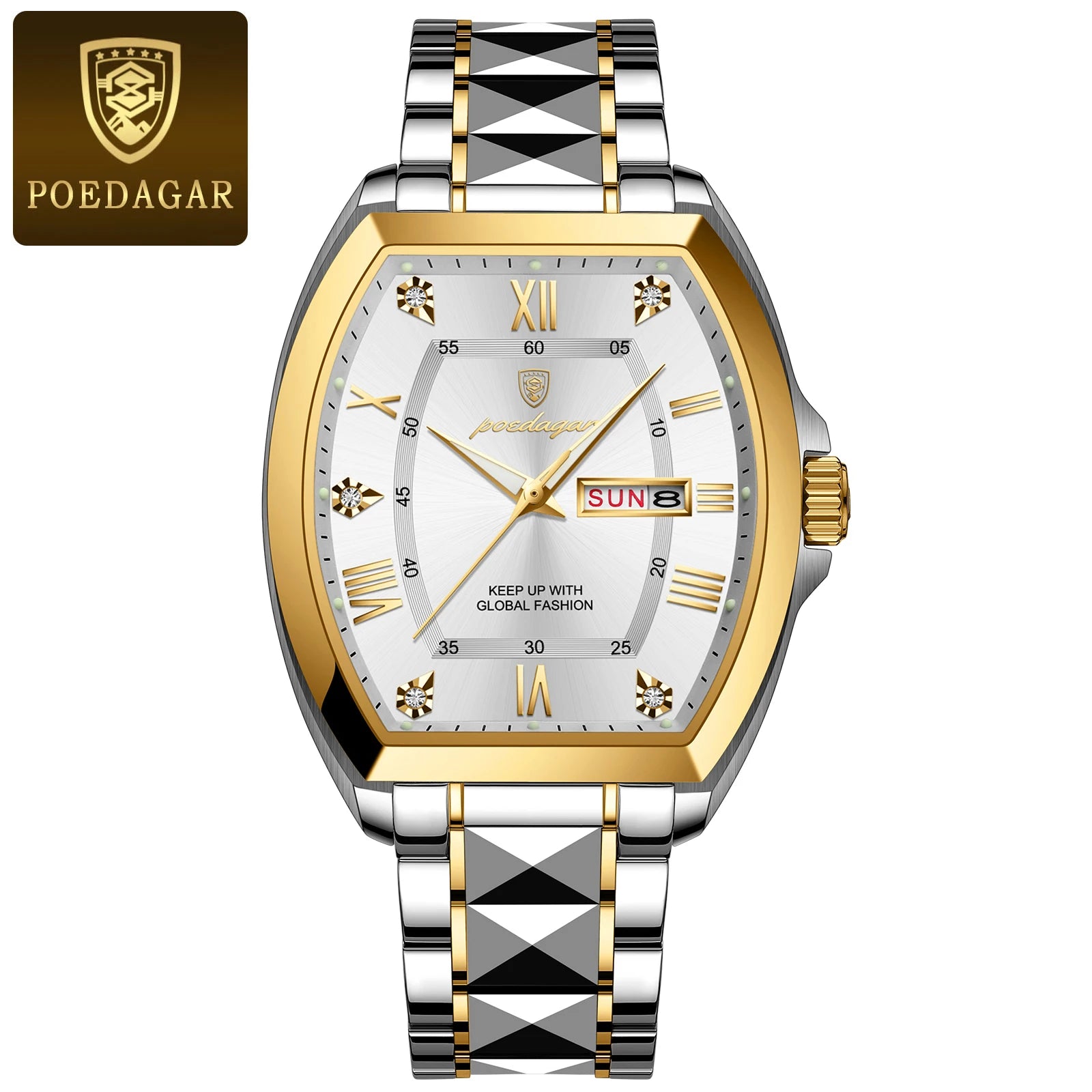 POEDAGAR Luxury Tonneau Men Watch Luminous Waterproof Date Week Man Watch Stainless Steel Fashion Original Men's Quartz Watches