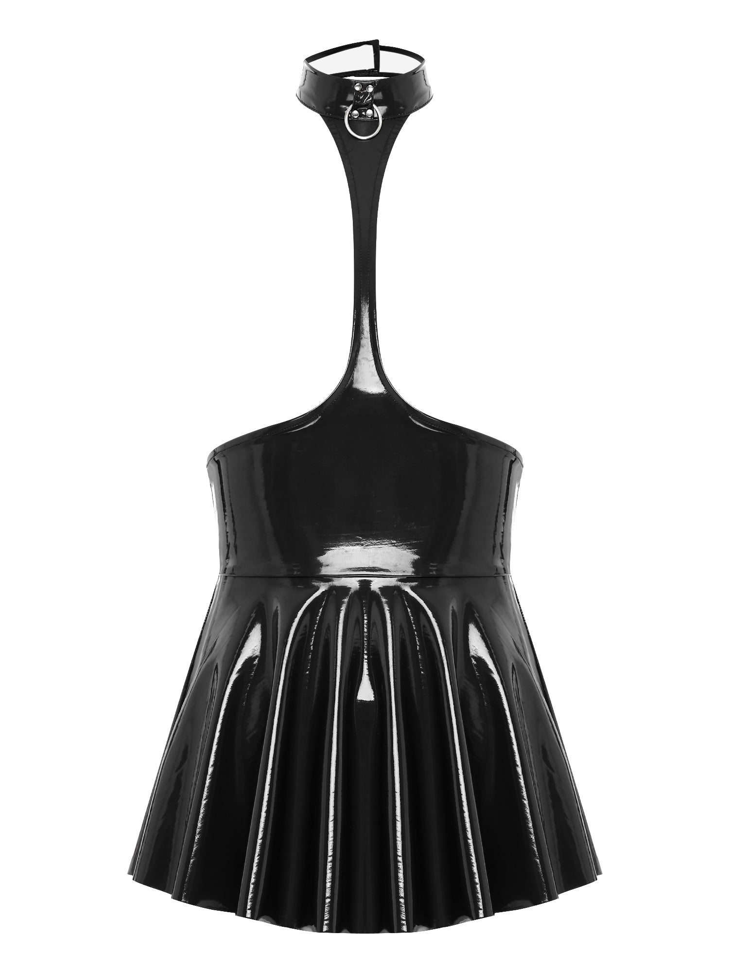 Womens Shiny Metallic Faux Leather Halter Neck Backless A-Line Dress Exposed Breast Mini Night Club Dresses Latex Clubwear