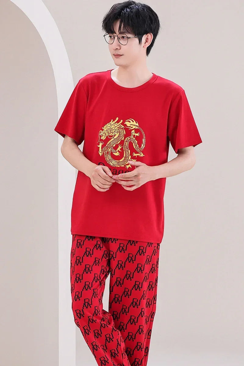 SUKAE Mens Plus Size L-5XL Homewear Summer Cotton Short Sleeve Full Pants Pajamas Set for Man Leisure Sleepwear Trendy Nightwear