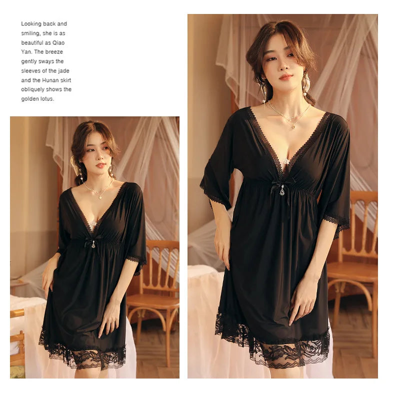 Fdfklak M-3XL Women’s Nightgowns Sexy Lace Deep V Neck Sleepshirt Mesh Short Sleeve Summer Nightdress Female Nightwear Dress