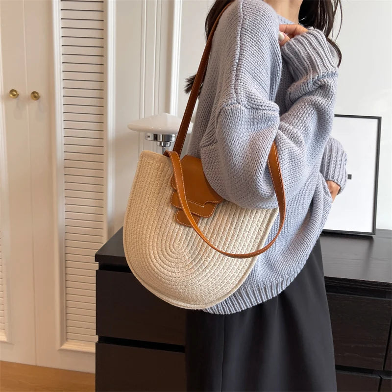 Large Capacity Beach Shopping Bag Luxury Design Woven Shoulder Bag Women Handmade Cotton Thread Woven Handbag Summer Travel Bag
