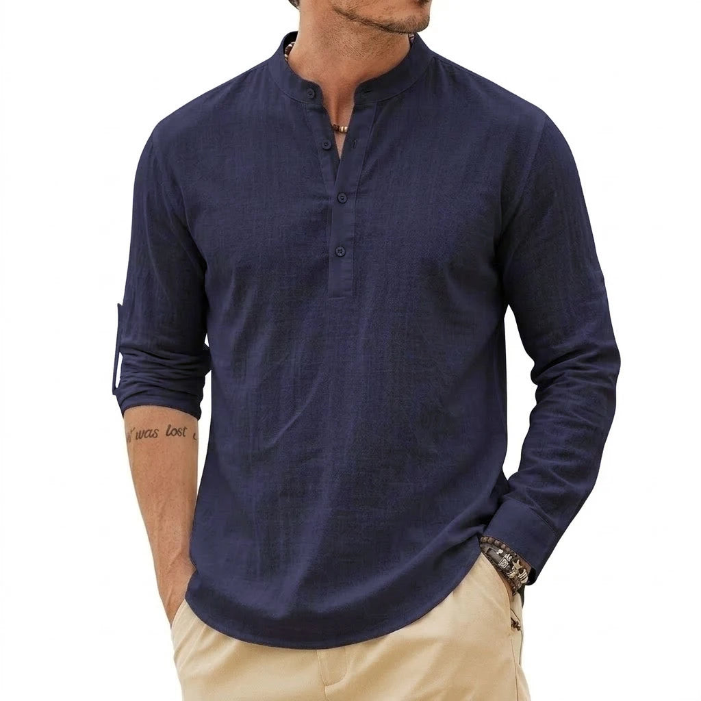 Fashion Mens Linen Shirts Luxury Henley Casual T-Shirts Long Sleeve Cotton T-Shirts Beach Hawaiian Summer Shirt for Men Gym Man