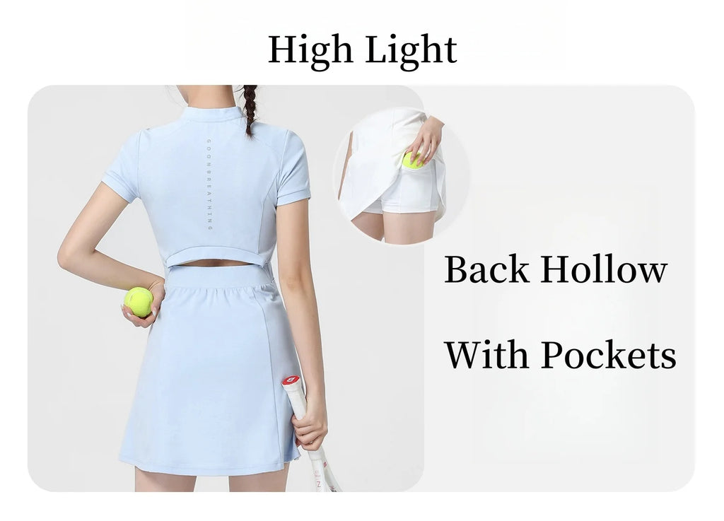 DRUR Elegant Tennis Dress Women Summer Lightweight Quick Dry Sports Dress Back Hollow Out Golf Wear Yoga Clothing Sportswear New