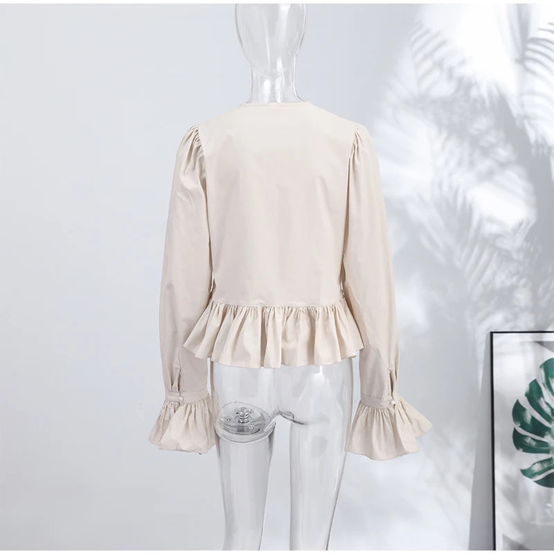 Elegant Chic Ruffle Hem Women's Shirt Flare Sleeve Single Breasted Drawstring Pleat Cropped Shirts 2026 Spring Summer Lady Top