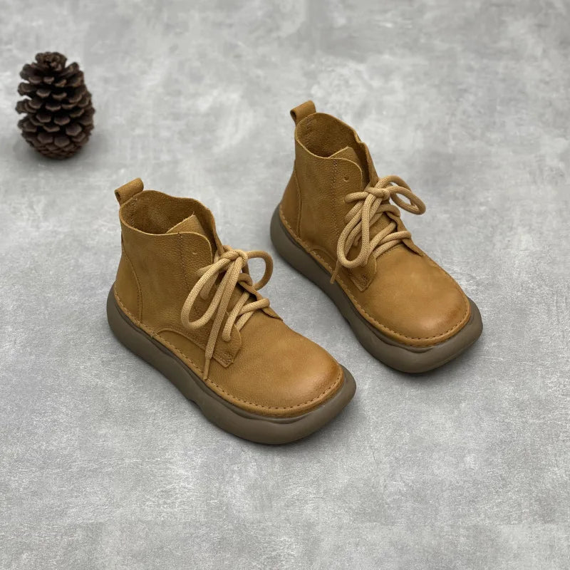 Johnature Retro Genuine Leather Short Boots 2026 Autumn/winter New Wide Toe Lace Up Cowhide Soft Sole Women's Boots