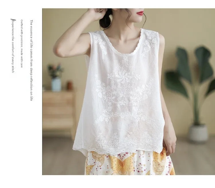 Loose Fit Embroidered Cotton Linen Svel Top Thin Sle Women's Tank Top Vest Brand New Goods Tailored for Summer