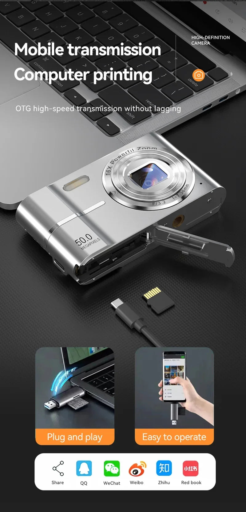 4K Digital Camera 50MP 16X Student Camera Outdoor Anti-Shake Digital Video Camera Flash Video Recorder Small Video Camera