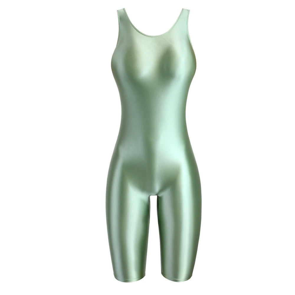 Women's Sleeveless One-Piece Swimsuit Shiny Glossy Yoga Gym Fitness Bodysuit Sexy Leotard Catsuit Jumpsuit Sport Overall MJINM