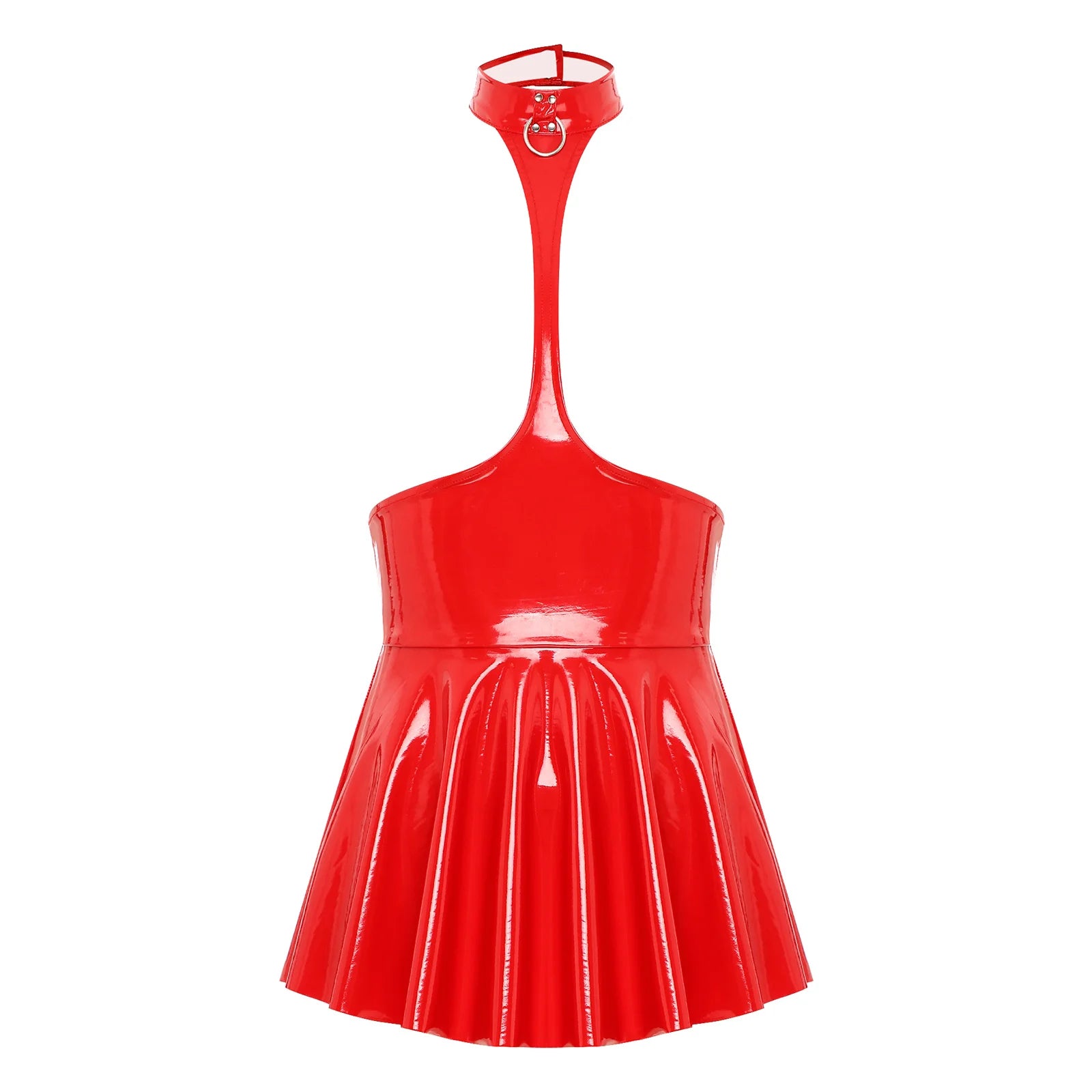 Womens Shiny Metallic Faux Leather Halter Neck Backless A-Line Dress Exposed Breast Mini Night Club Dresses Latex Clubwear