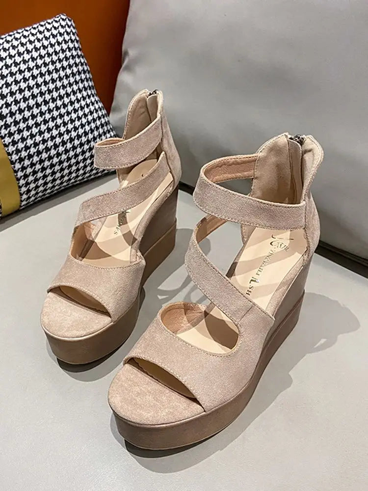 Footwear Wedges Heel Summer 2025 Roman Style Sandals for Woman Super-high Women's Shoes Wedge with Platform Waterproof Zip Black