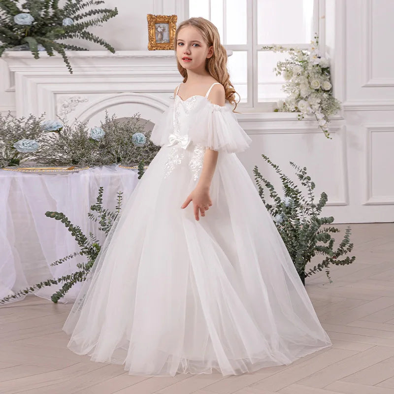 Girl's Ceremonial Dress White Wedding Bridesmaid First Communion Gown Teenagers Girls Graduation Birthday Party Princess Dress