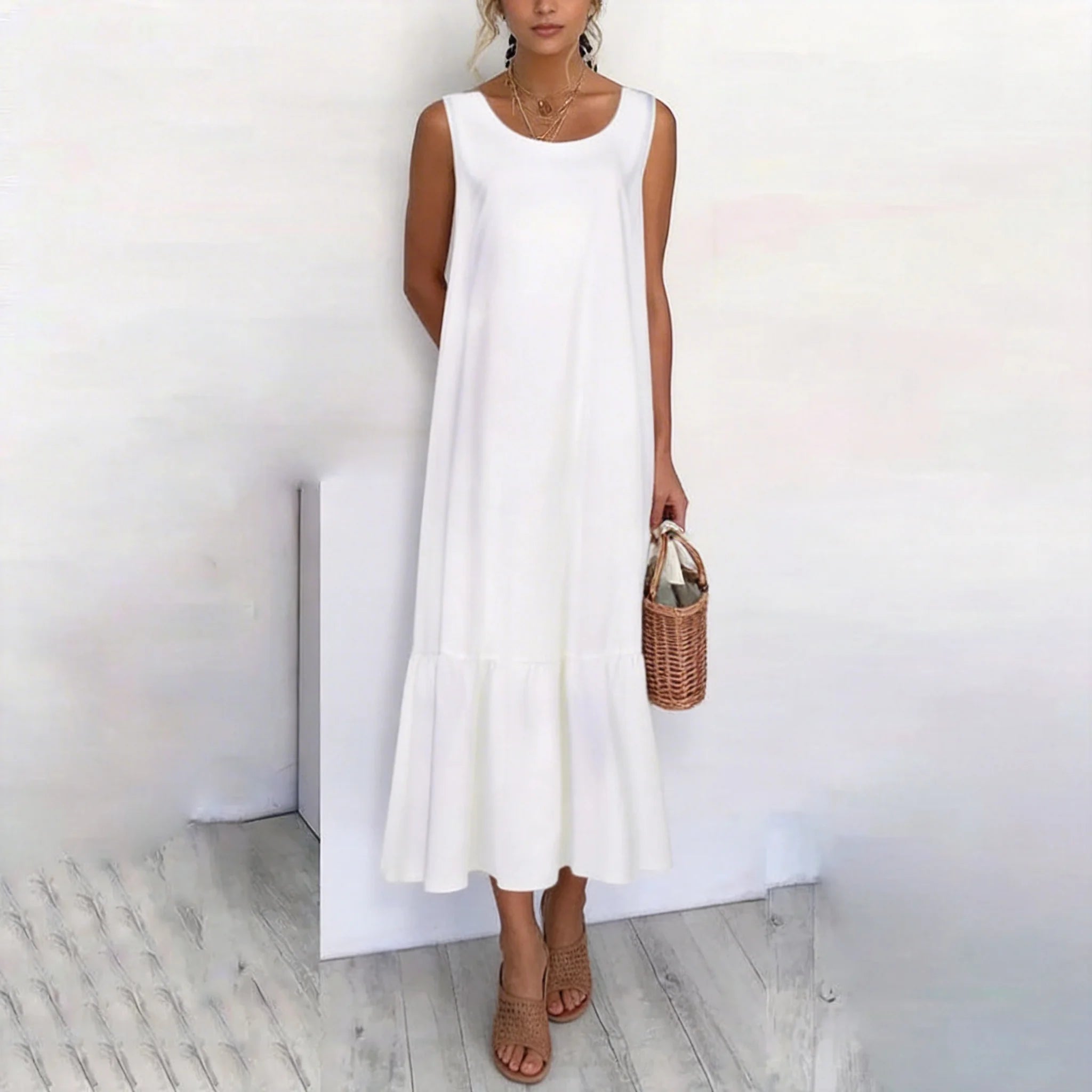 Casual Loose White Maxi Dresses For Women Summer 2024 Fashion Sleeveless Straped O Neck Long Dress Elegant Vestidos