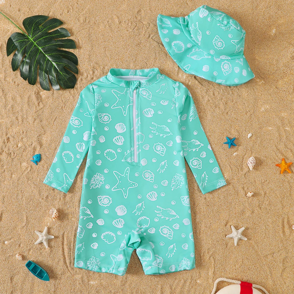 Baby Boy Summer Shell Pattern Long Sleeve Onesie Swimsuit with Hat Infant Swimwear Protection And Comfort