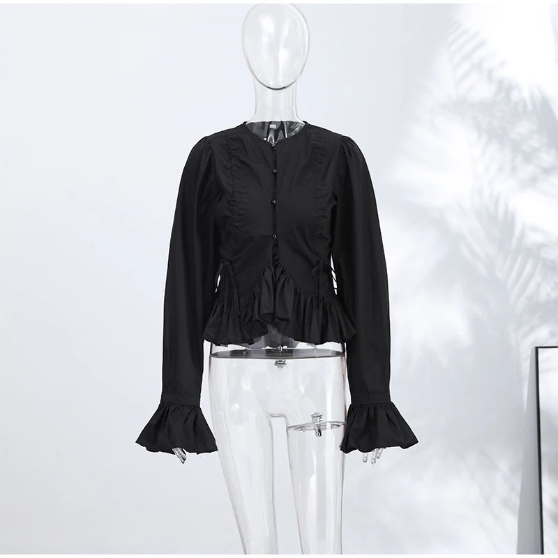 Elegant Chic Ruffle Hem Women's Shirt Flare Sleeve Single Breasted Drawstring Pleat Cropped Shirts 2026 Spring Summer Lady Top