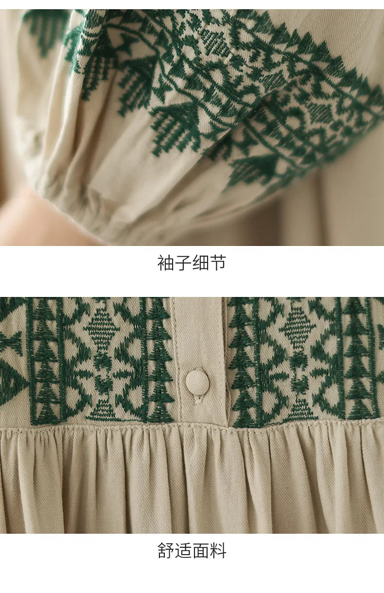 100% Cotton Long Dresses Women New Arrival 2023 Spring Vintage Style Geometric Embroidery Loose Female Casual Dress B2386