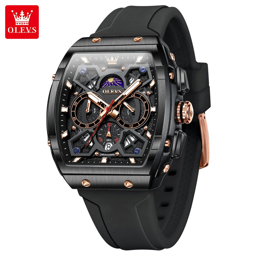 OLEVS 2942 Man Watch Silicone Strap Tonneau Design Dial Multifunction Quartz Watch for Men Moon Phase Calendar Chronograph Watch