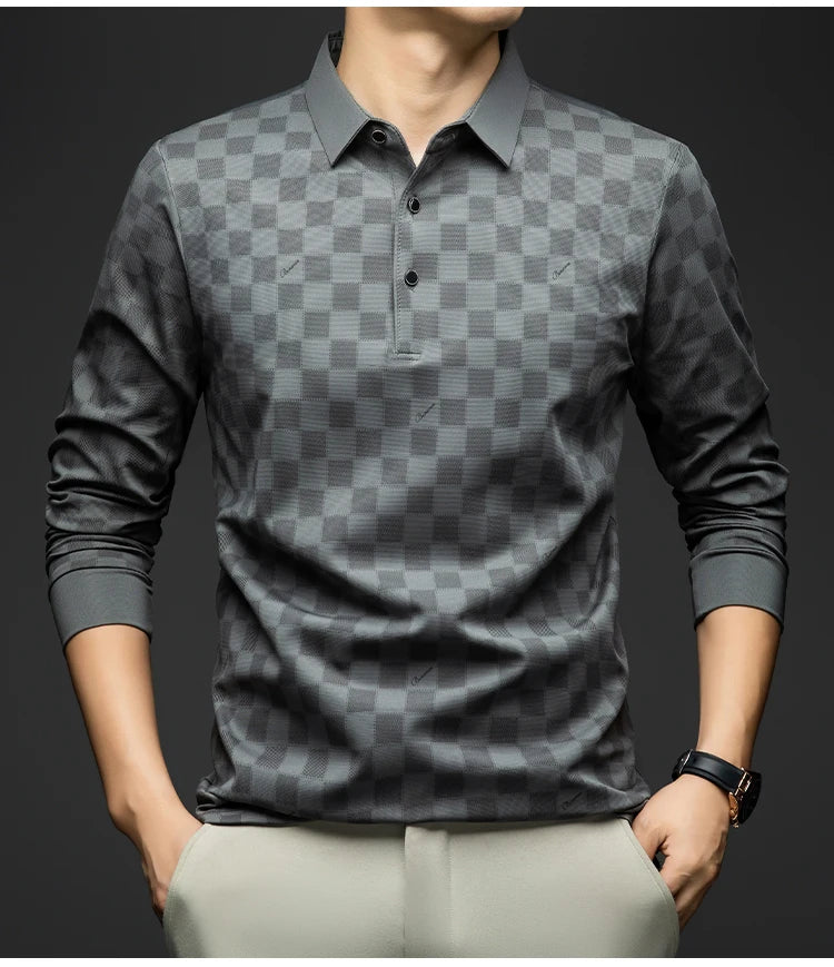 BROWON Polo Shirts for Man Autumn Business Slim Fit Long Sleeve T Shirt Men 2026 New Casual Loose Pullover Plaid Men Tops & Tees