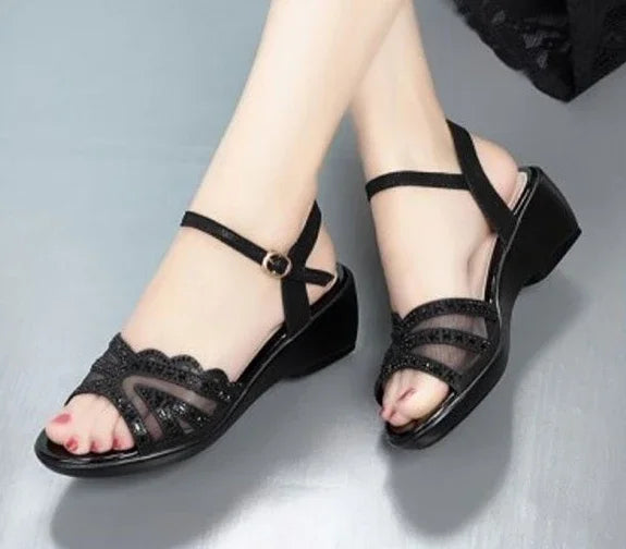 Buckles Women's Sandals With Medium Heels Sabot Ladies Shoes Summer 2025 Comfortable Wholesale Bulk Offer Footwear Luxury