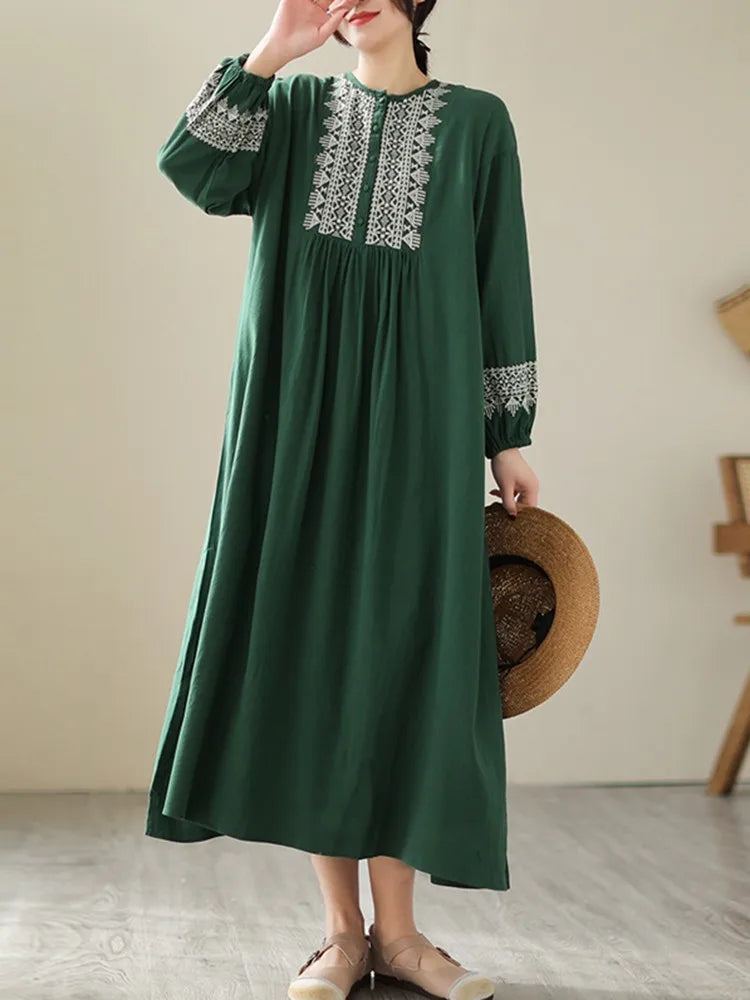 100% Cotton Long Dresses Women New Arrival 2023 Spring Vintage Style Geometric Embroidery Loose Female Casual Dress B2386