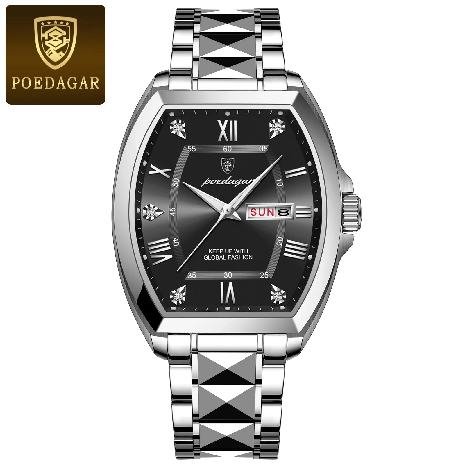 POEDAGAR Luxury Tonneau Men Watch Luminous Waterproof Date Week Man Watch Stainless Steel Fashion Original Men's Quartz Watches