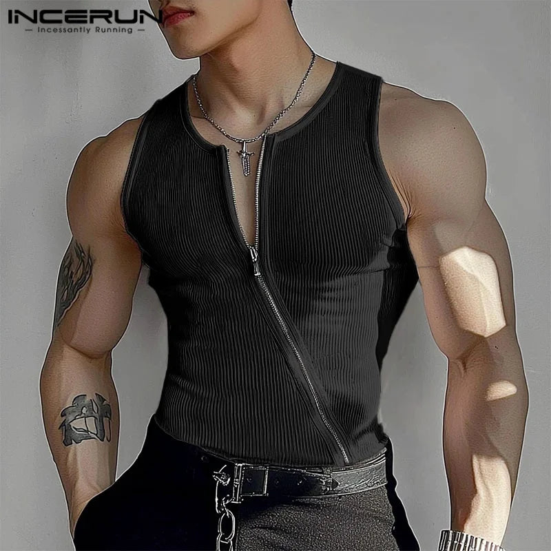 2025 Men Tank Tops Solid Color Knitted Zipper Sleeveless Male Vests Summer Streetwear Skinny Fashion Men Clothing S-3XL INCERUN