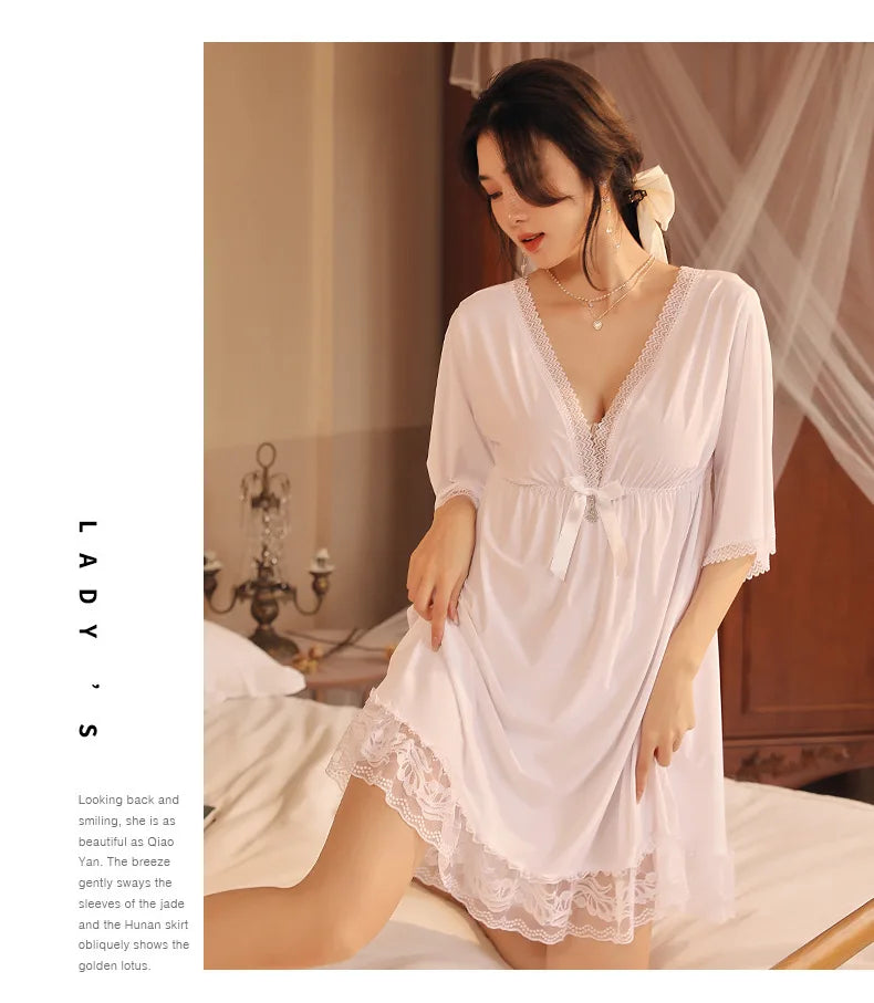 Fdfklak M-3XL Women’s Nightgowns Sexy Lace Deep V Neck Sleepshirt Mesh Short Sleeve Summer Nightdress Female Nightwear Dress