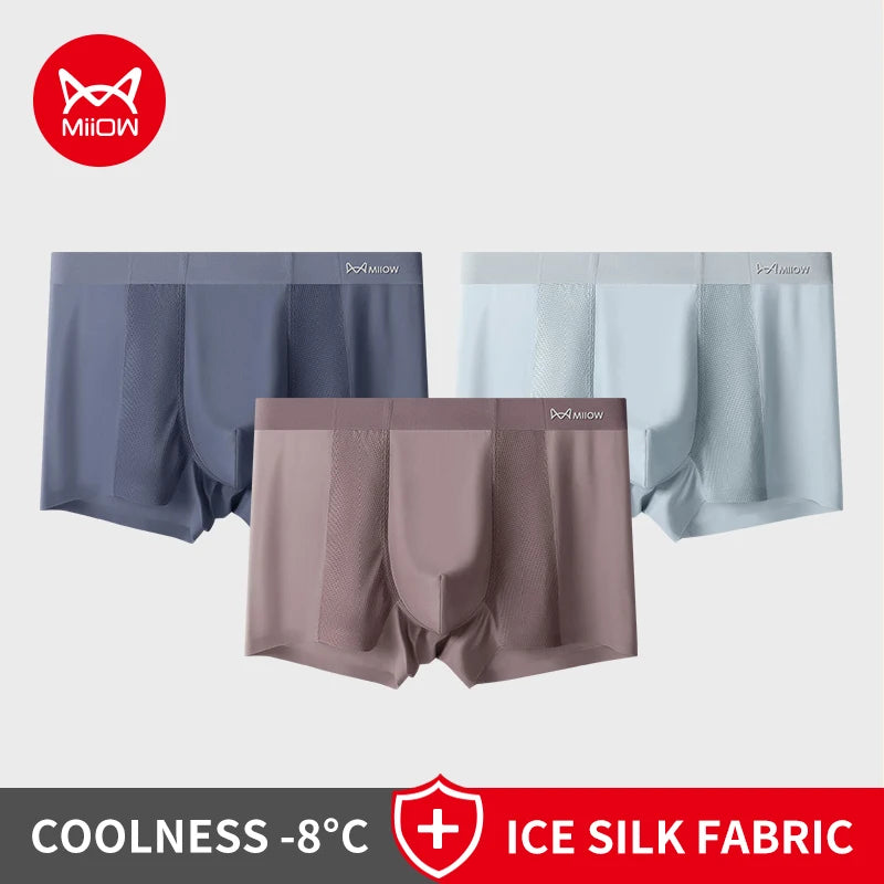 MiiOW 3Pcs Summer Ice Silk Men Boxer Underwear Seamless Mesh Breathable Men's Panties Cotton Crotch Man Underpants Man Boxers