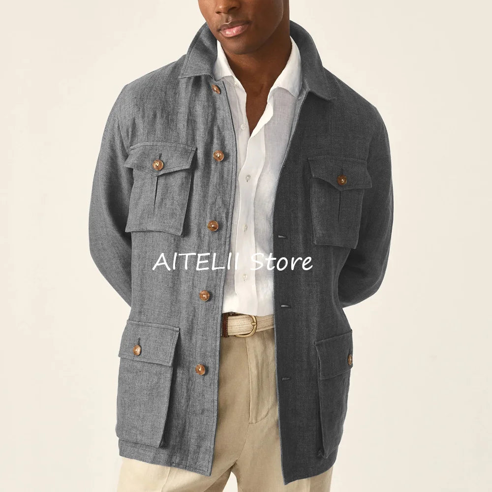 Suit Jackets Linen Elegant Sack of Man Men's Jacket Blazers for Man Lapel Suits Single-breasted Casual Clothes Four Pockets
