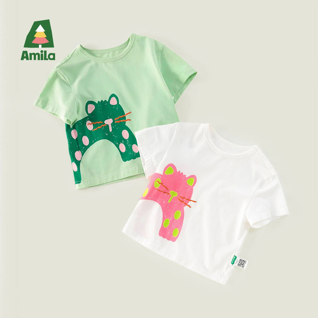 Amila Baby T-shirt 2026 Summer New Comfortable Cartoon Pattern Round Neck Casual Breathable Clothing