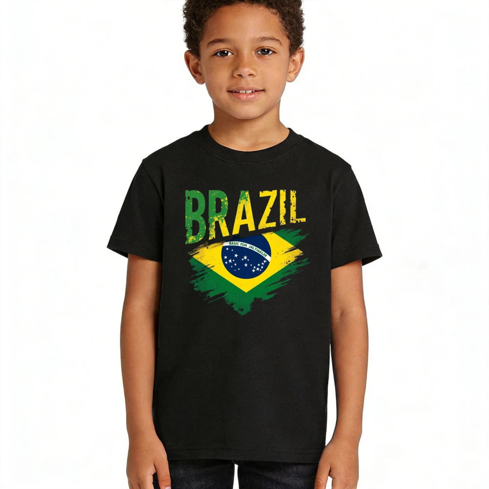 Distressed Brazil Flag Graphic TShirt Brazilian Soccer Lover Children Casual Daily Life Shirt Kids Boy Girl Cotton Short Sleeve